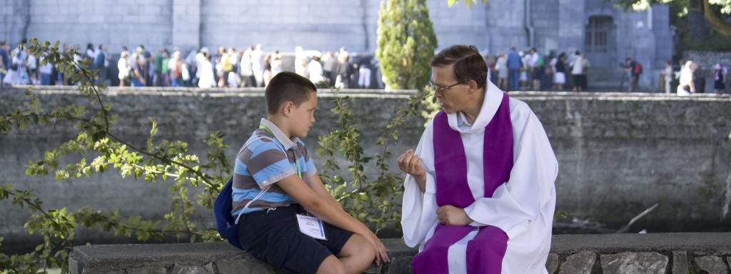 Child Goes to Confession Sitting with Priest